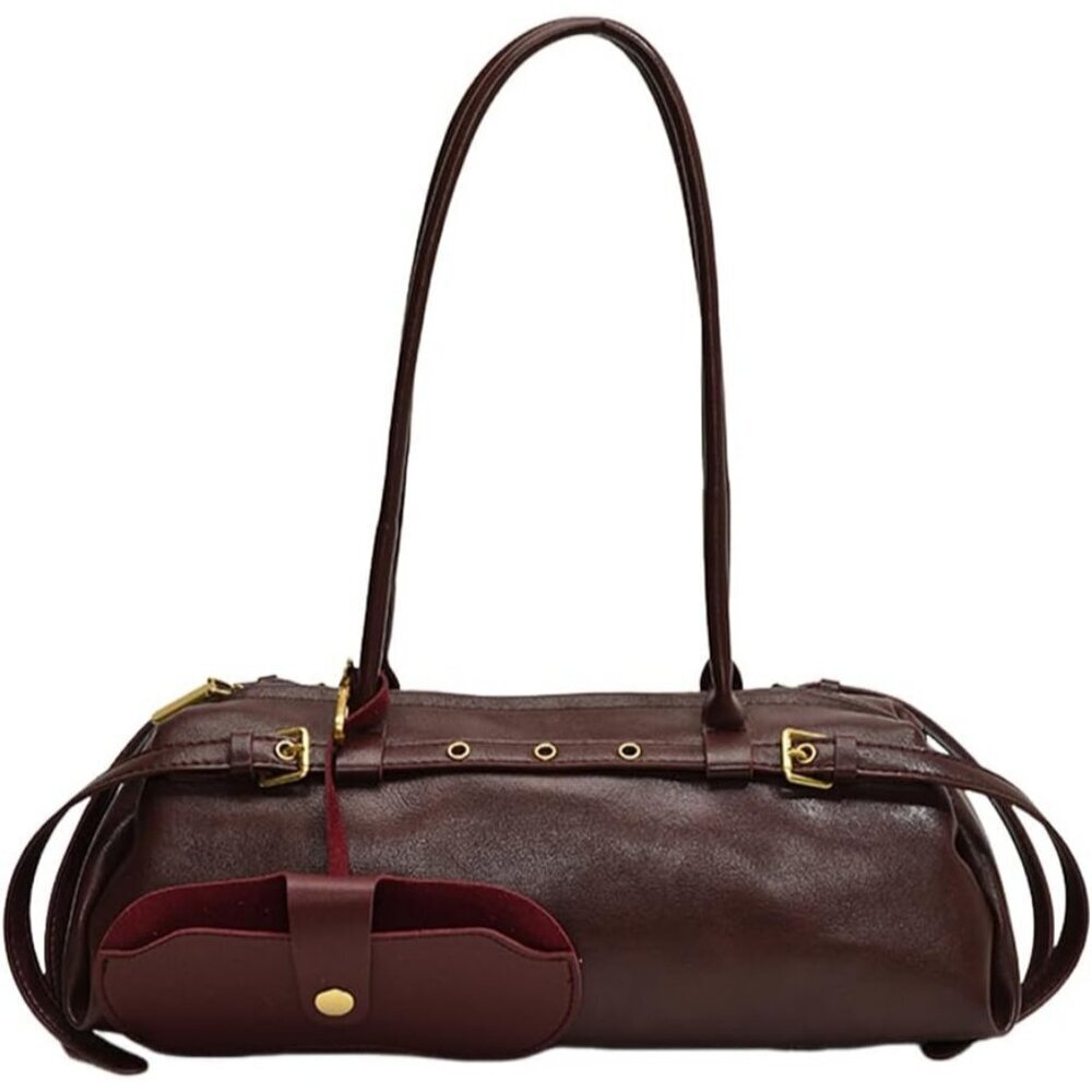Wome'ns Burgundy Pu Leather Tote Bag Casual Bowling Bag Purse Retro Underarm